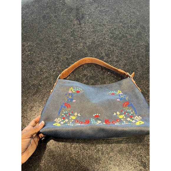 Kiss Me Couture Purse Blue Floral Embroidery Brown Strap Zip Close Hobo Bag I - Picture 1 of 15